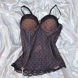 y2k Blanco Lingerie Corset Top Black Polka Dot Mesh Lace Bows 34B
